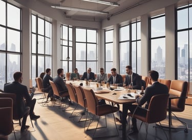 A professional meeting room with people discussing business plans.