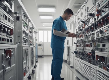 A technician inspecting medical equipment in a clean environment.