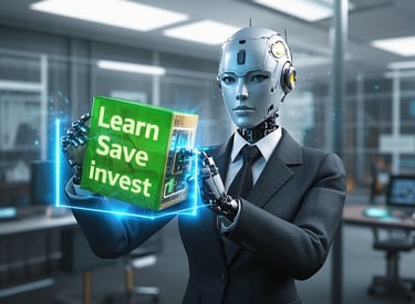 a robot in a business suit holding a box with a the words learn save invest on it.