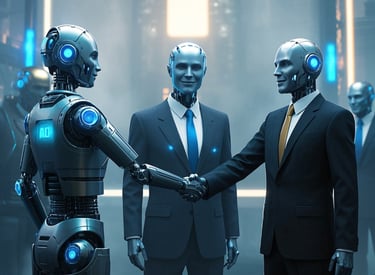 a couple of ai male robots business suits introducing each other 