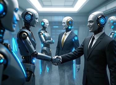 ai female and male robots business suits introducing each other