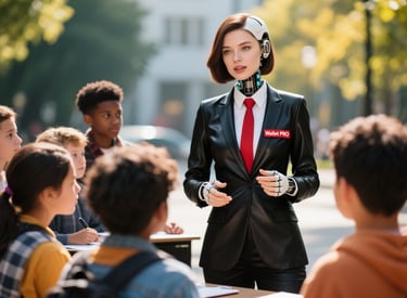 a female teacher teaching financial literacy to young students outside