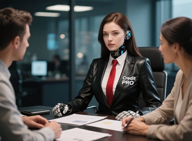 a woman in a black suit and red tie helping out a married couple repair their credit