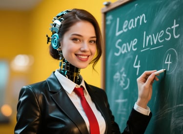 a woman in black leather suit, red tie, writing on chalkboard, learn, save, invest.