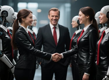 two woman shaking hands in front of the boss all are smiling