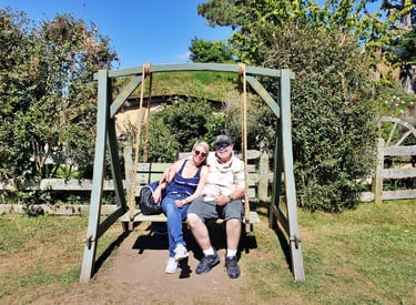 Lady and The Pirate take a load off in Hobbiton, New Zealand