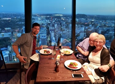 Lady and The Pirate dine with Steven in the Sky Tower in Auckland, New Zealand