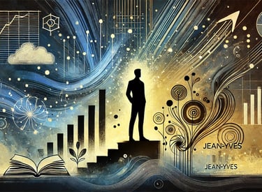 A silhouette representing Jean-Yves and around him abstractions of data analytics, self-development