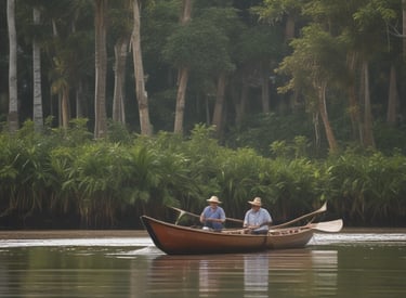 man in brown boat on lake during daytime