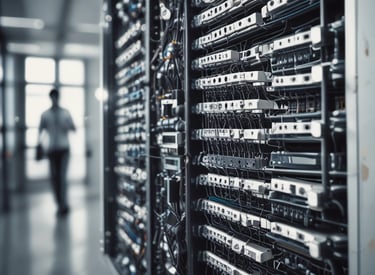 Technicians setting up structured cabling in a server room with racks and switches