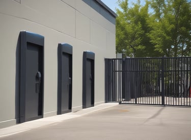 A modern security camera installed on a commercial building corner at sunset