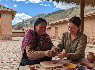 Indígena Cusqueña de raiz nativa enseñando cerámica en frío a extranjera