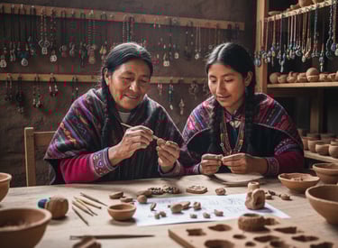 Mujeres indígenas andinas elaborando cerámica y joyería tradicionales a mano en un taller rústico.