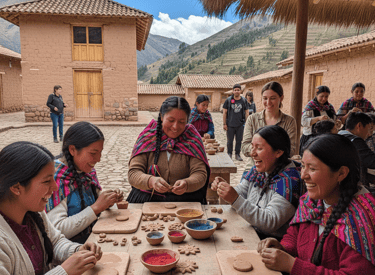 Grupo de extranjero aprendiendo a hacer joyería con cerámica en frio en la comunidad de huaran - cusco