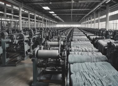 A diverse warehouse showing various construction materials, agricultural equipment, and textile products.