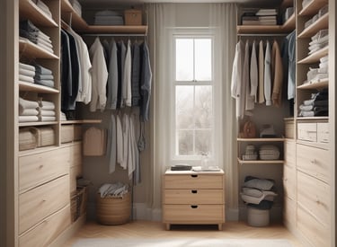 A serene, sunlit living room with neatly arranged shelves and soft pastel accents reflecting calm and order.