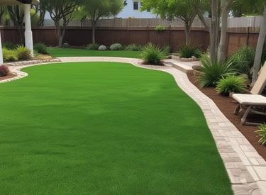 A landscape featuring a neatly trimmed lawn with rows of young trees and a dense forest in the background. In the foreground, there are large, green leaves with a single blooming pink flower. A golf course flag is visible in the distance among the trees.