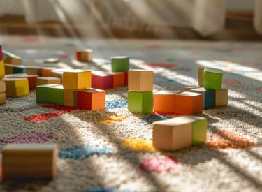 Kids play bricks on a clean carpet