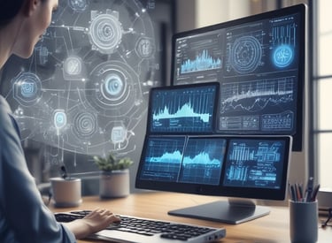 A smartphone is mounted on a stand, displaying a website with colorful graphics and the text 'Transforming Ideas into Reality'. Beside it, a laptop screen shows a blurred version of the same website. The background is soft and out of focus, with green foliage adding a hint of nature.