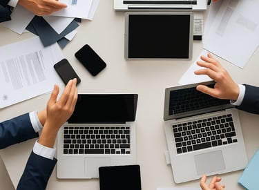 a group of people sitting around a table with laptops