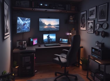 a desk with a computer monitor and a chair