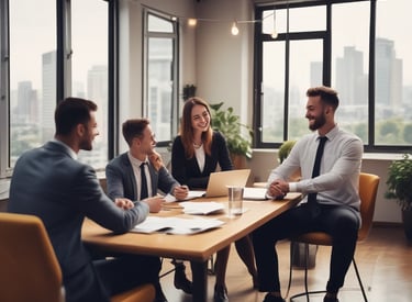 A business meeting with stakeholders discussing sponsorship opportunities.