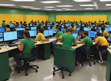 Modern office workspace with diverse team collaborating on technology projects