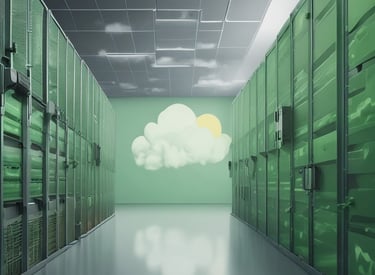 A cloud server with digital data streams flowing.