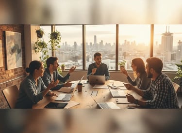 Professional digital marketing team collaborating on business strategy in modern office setting