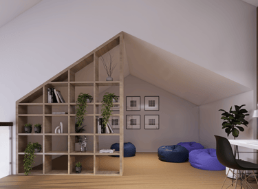 Interior lantai mezzanine Maharupa Village ruang kerja/hobi