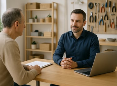 Dos personas conversan en un entorno profesional y acogedor, con herramientas de trabajo al fondo.