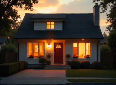 Casa familiar iluminada al anochecer, con jardín cuidado y ambiente cálido y acogedor.
