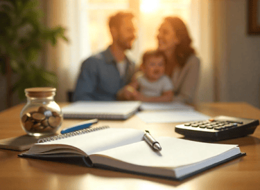 Planificación familiar, con elementos de ahorro y una familia al fondo que transmite bienestar.