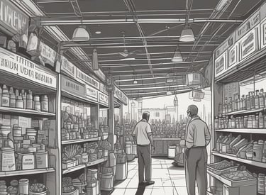 A bustling indoor market scene with many people engaged in buying and selling activities. There are stacks of packaged goods and containers around, and vendors are interacting with customers. The structure suggests a large warehouse with numbered sections on the pillars.