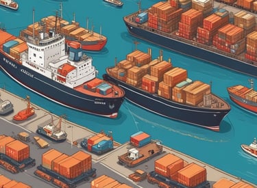 Large cargo ships are docked at a shipping port, with numerous cranes towering over the ships. The sky is overcast, giving the scene a muted, industrial appearance. Containers of various colors are stacked on the ships, indicating active trade and logistics operations.