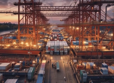 A large cargo ship is prominently displayed with the word 'SHIPPING' painted in bold white letters on its blue hull. The upper section of the ship is stacked with multicolored shipping containers. A person dressed in an orange jacket is in the foreground, partially visible, facing towards the ship.