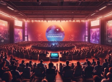 A professional video camera is mounted on a crane or jib arm against a backdrop of bright stage lights and colorful screens. The setup suggests a live event or production setting, with beams of light shining through the space.