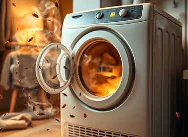 A clothes dryer with steam and heat emanating from it, surrounded by scattered bed bugs and their eggs