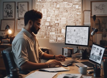 a man sitting at a desk with a laptop and a computer creating graphics and visuals