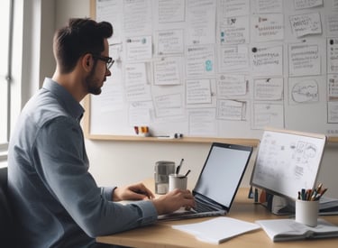 a man sitting at a desk with a laptop