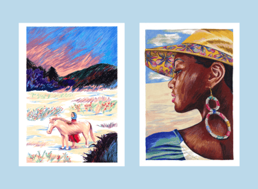 two paintings of a woman in a straw hat