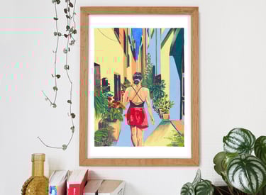 a woman in a red bikinisuit is walking down the street