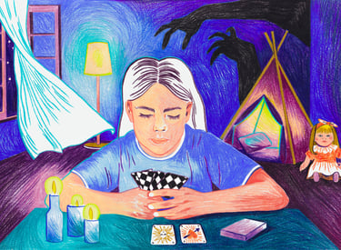 a woman sitting at a table with a card game