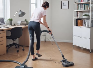 A person is cleaning a sleek, silver car with a blue cloth and spray bottle inside a well-lit garage. The garage features modern, geometric ceiling lights and has a partially visible staircase in the background.