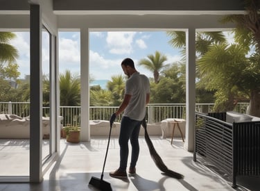 A tiled floor with visible dirt and cleaning solution being cleaned by a circular floor cleaning machine. The tiles are light brown with noticeable dirt in the grout lines. The cleaning machine has a blue and black circular head connected to a metal handle and hose.