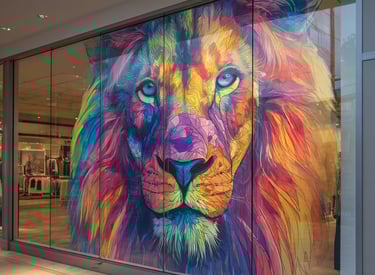 a large colorful mural of a lioness head on a storefront door