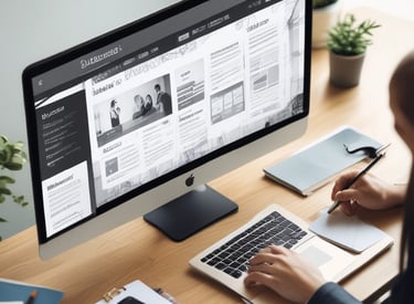 A modern office environment with a team collaborating on web design projects.
