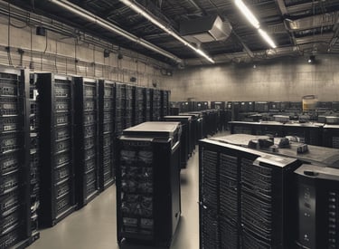 Aerial view of a bitcoin mining facility surrounded by technology equipment.