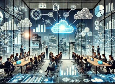 a group of people sitting at a table with a laptop and a cloud computing system
