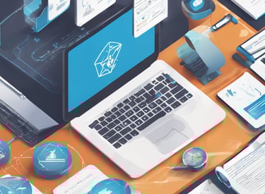 Imagem de um laptop em uma mesa com tela azul exibindo um ícone de envelope digital